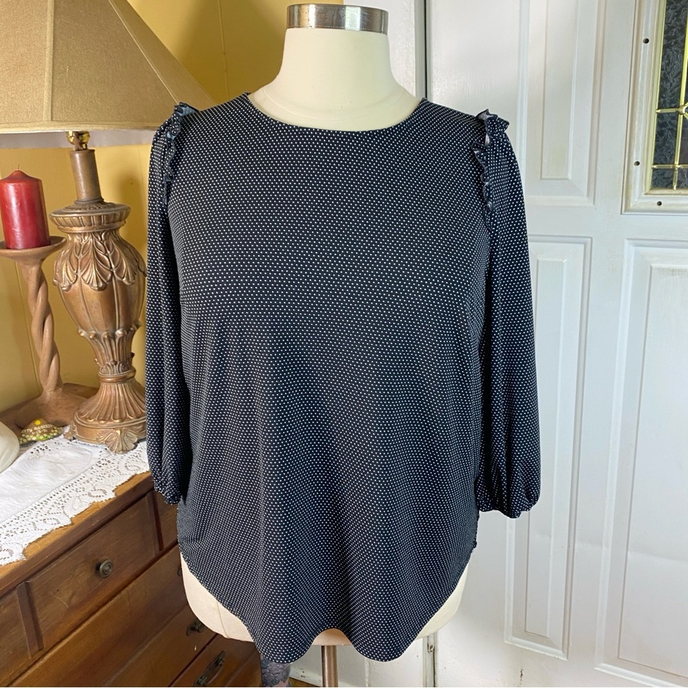 ADRIANNA PAPELL Black & White Polka Dot Ruffle Detail Top Blouse Keyhole Size 1X